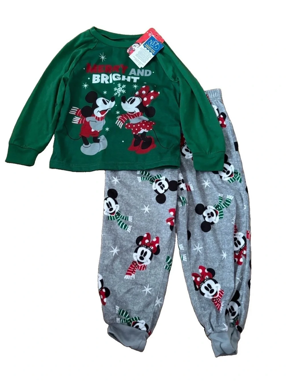 Disney Kids 'Merry and Bright' Green Mickey & Minnie Christmas Pajama Set - Size